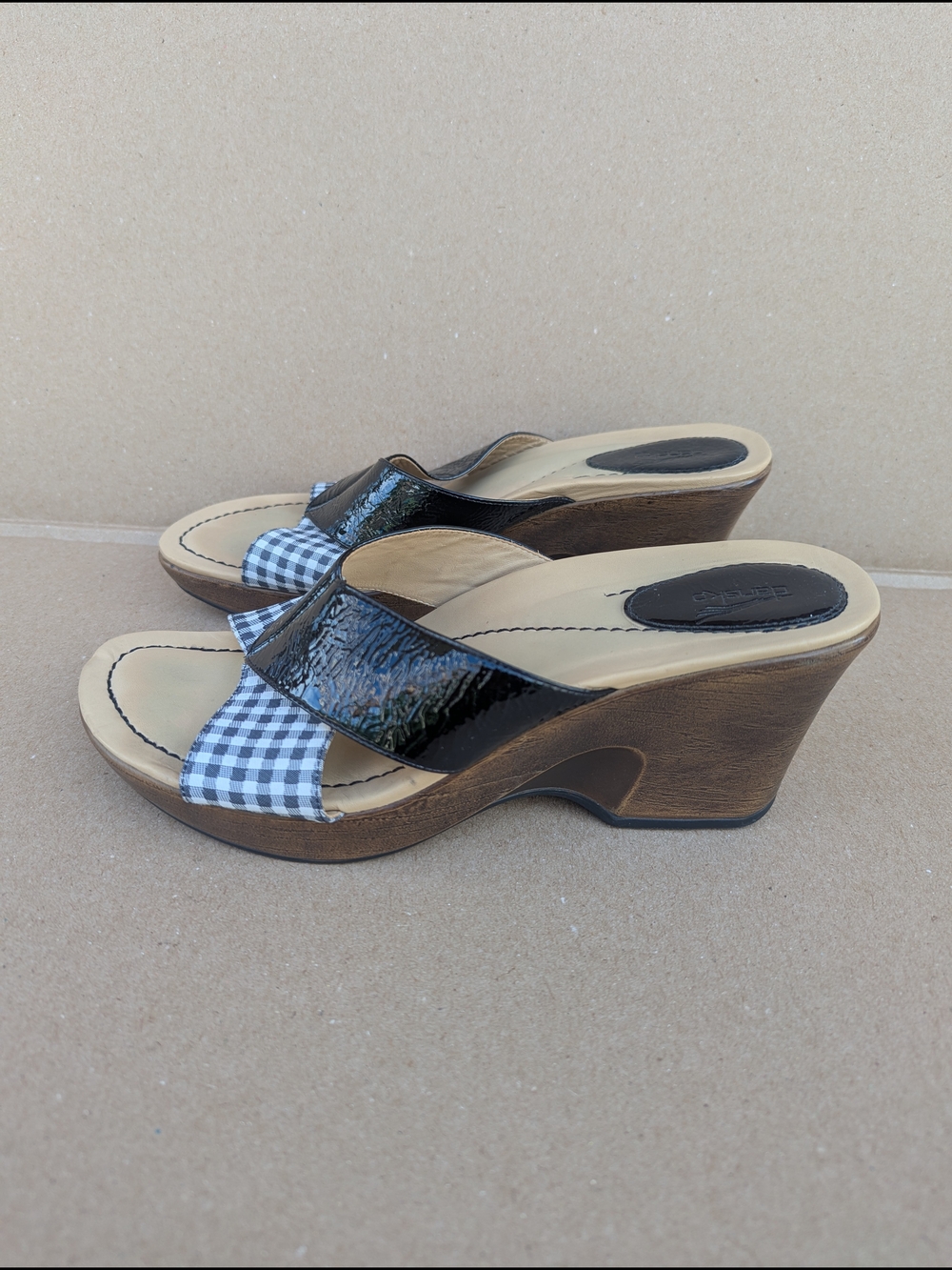Dansko Patent Leather Gingham Wedge Slide Sandals Black 40 EU/ 9 US Twee Summer
